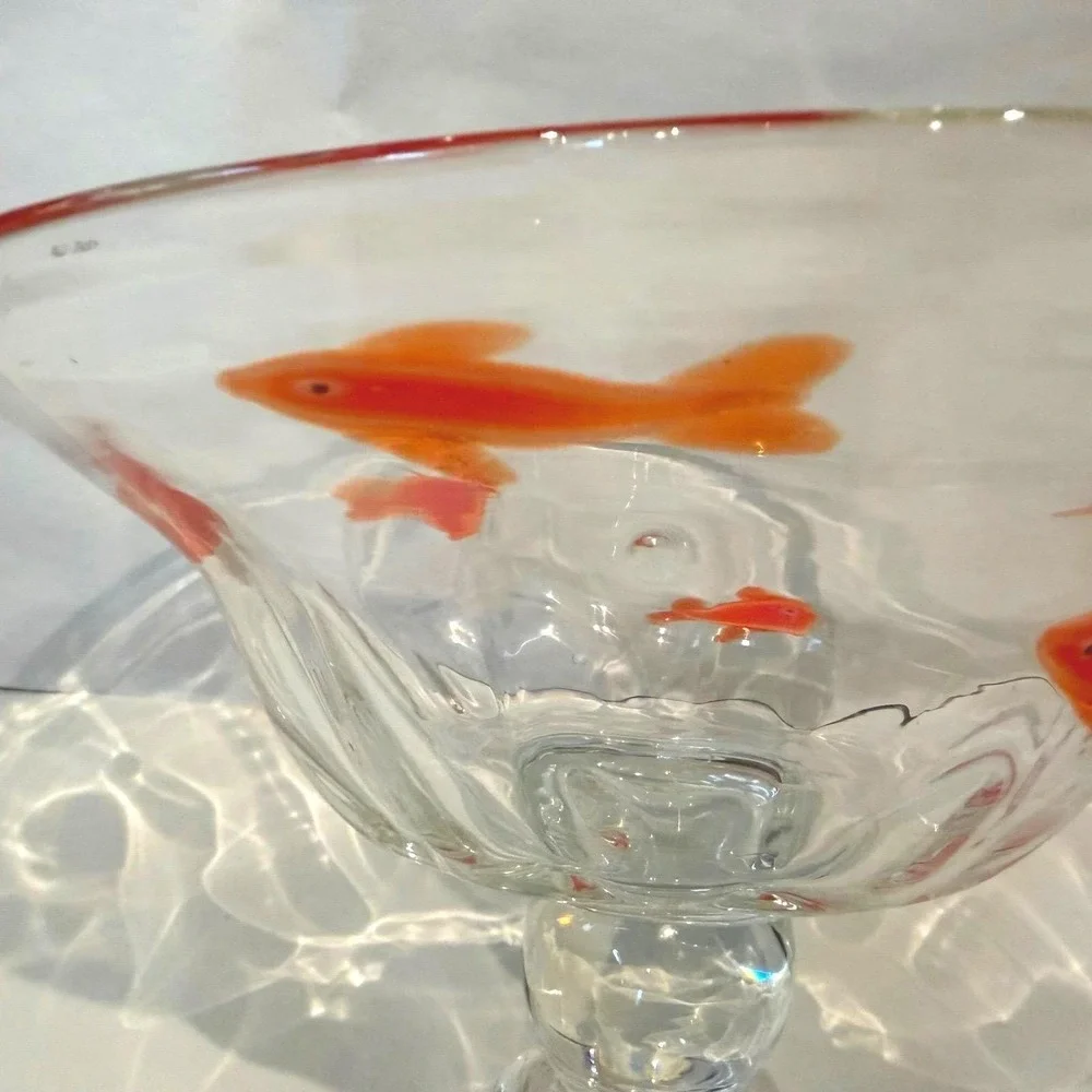 Crate and Barrel Go Fish Koi‎ Pedestal Bowl Hand Blown Glass Rare HTF Large